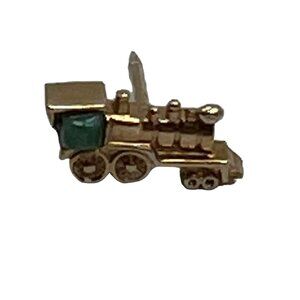 Vintage Swank Train Engine Tie Tack‎ Pin Gold Tone Green Accent Railroad Pin